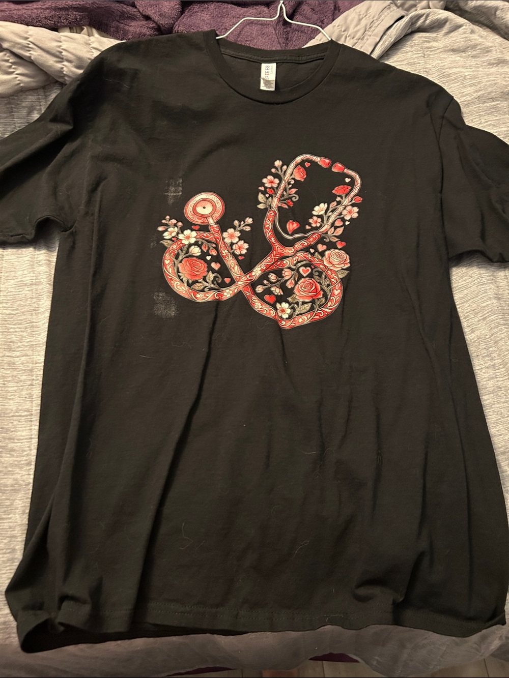 Jerzees Black Short Sleeve Tee with Red Floral Stethoscope Design